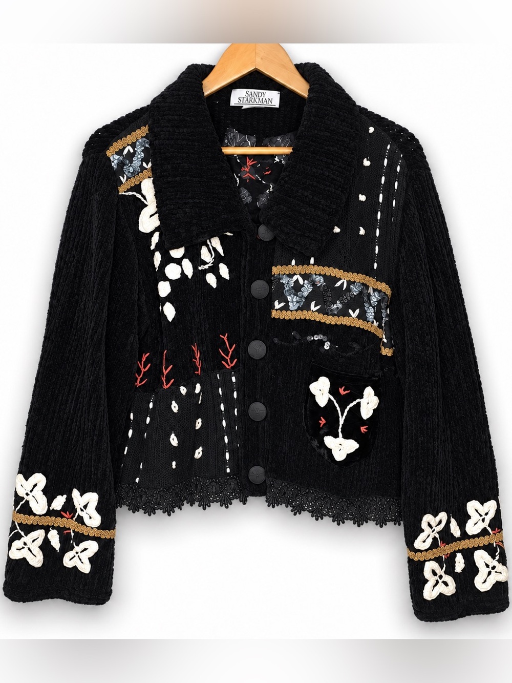 Vintage Sandy Starkman | Black Chenille Button Front Ribbon Art Sweater Jacket M
